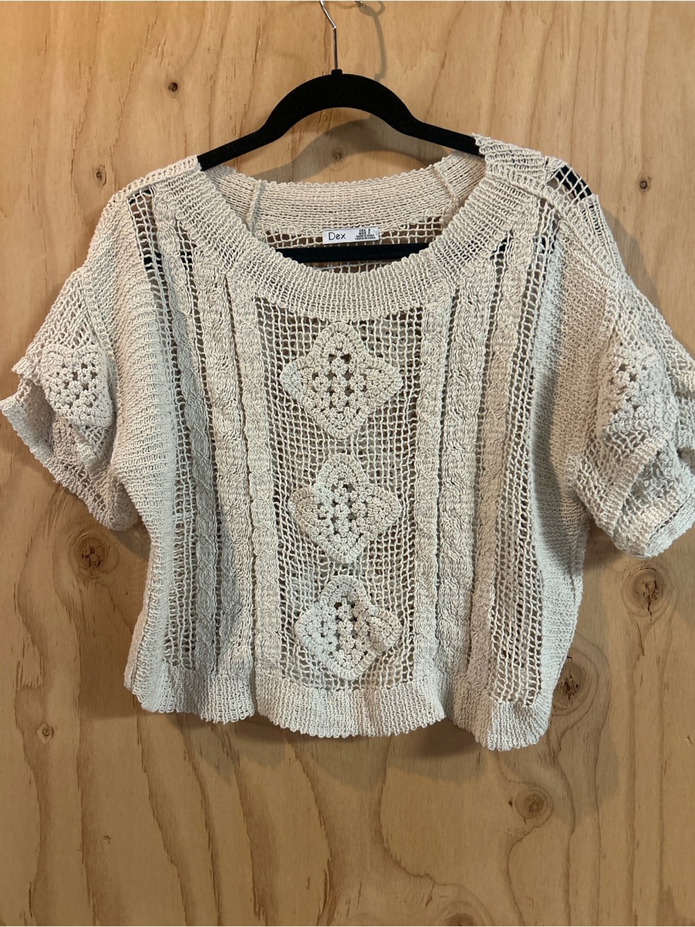 Dex Cream Crochet Openwork Short Sleeve Crop Top